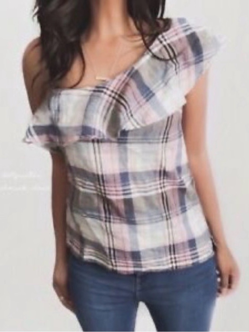 cloth & stone x Anthropologie One-Shoulder Plaid Ruffle Top